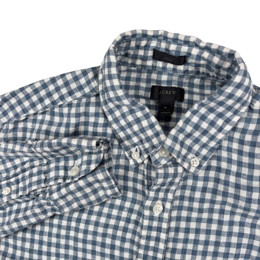 J.Crew Button Down Shirt Mens M Blue Gingham Baird McNutt Irish Linen Slim Fit